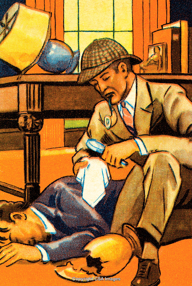 Detective Examining a Scene With Suspenseful Vintage Illustration