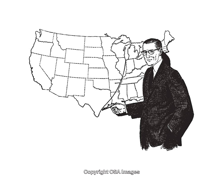 Illustrated Businessman Presenting on United States Outline Map