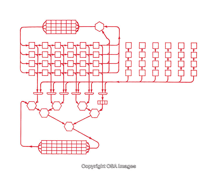 Complex Technical Flowchart with Interconnected Nodes and Hexagonal Elements