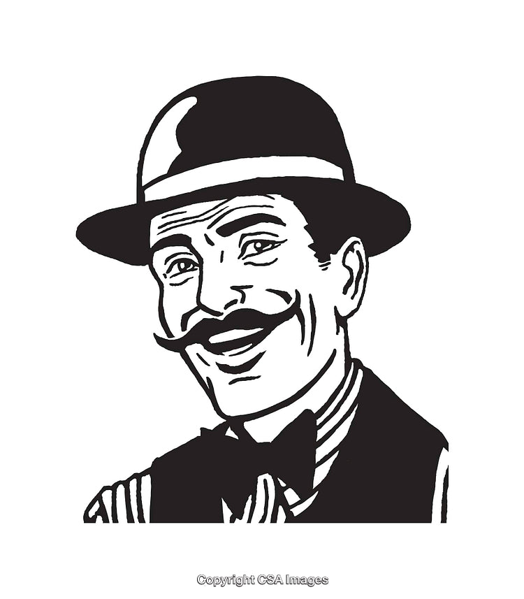 Vintage Line Art Illustration of Smiling Man with Mustache and Hat
