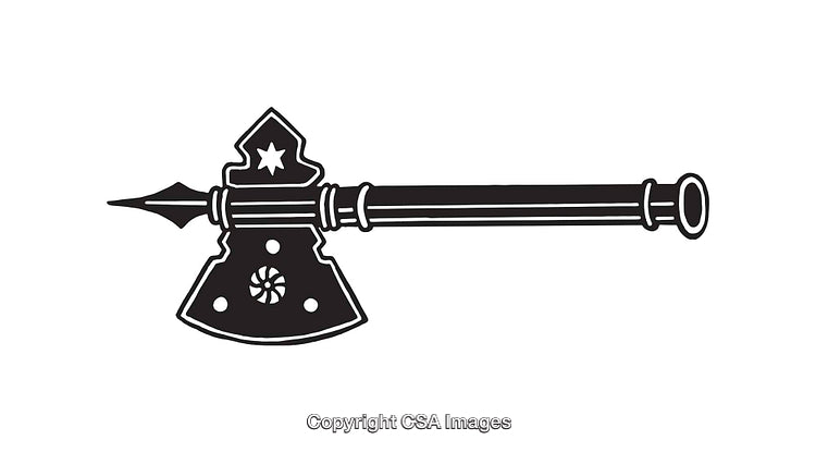 Black and White Line Art Illustration of a Decorative Medieval War Axe
