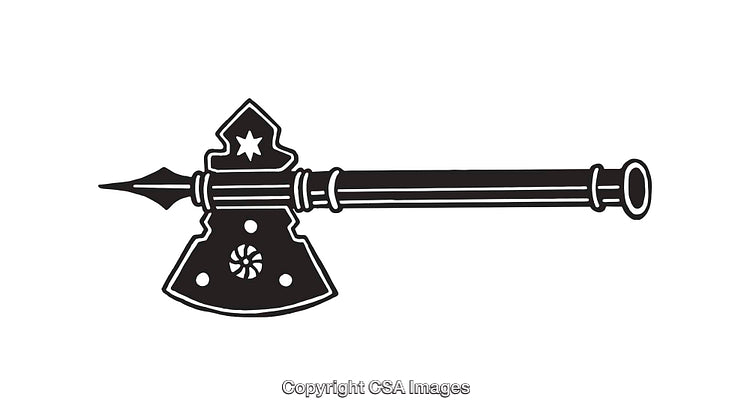 Black and White Line Art Illustration of a Decorative Medieval War Axe