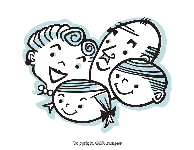 Retro Cartoon Illustration of a Smiling Family Portrait