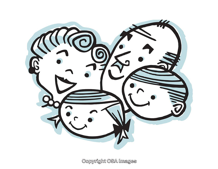 Retro Cartoon Illustration of a Smiling Family Portrait