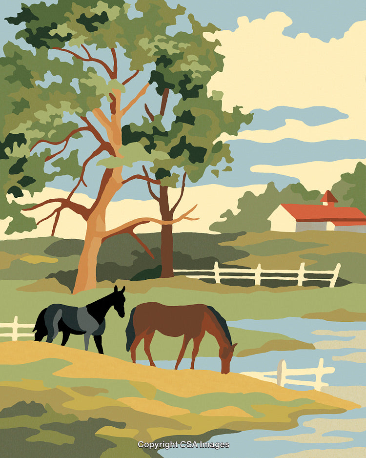 Paint by Numbers Scenic Countryside Pastoral Featuring Grazing Horses and Serene Stream