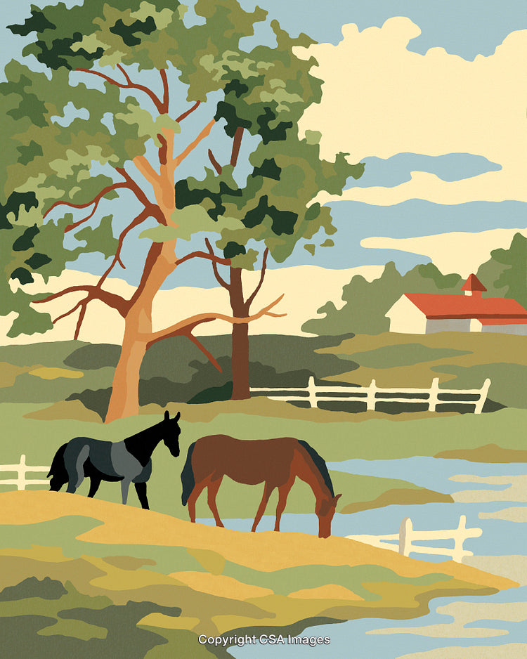 Paint by Numbers Scenic Countryside Pastoral Featuring Grazing Horses and Serene Stream