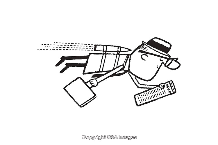 Illustration of a Businessman Flying with a Briefcase and Rocket Pack
