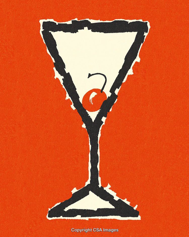 Abstract Illustration of a Martini Glass with Cherry on Vibrant Orange Background