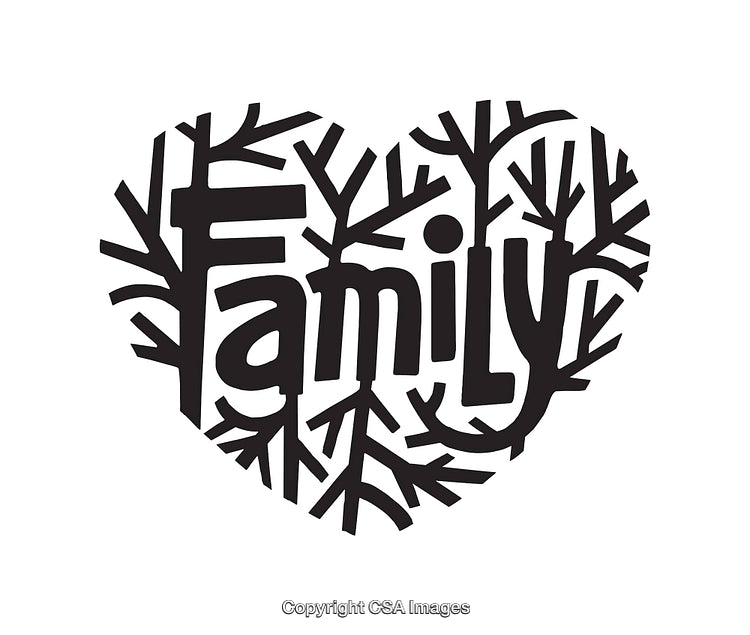 Heart Shape with Branch-Like Design and Family Text in Black and White