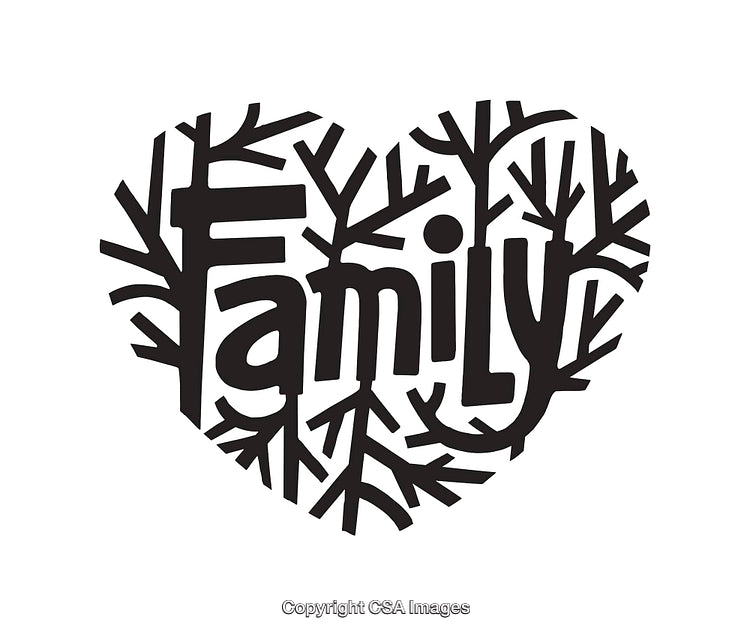 Heart Shape with Branch-Like Design and Family Text in Black and White