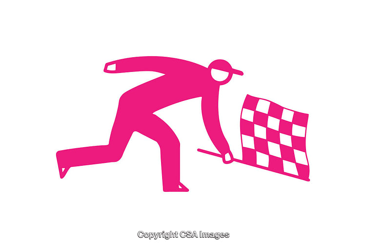 Simple Pink Icon of a Person Holding a Checkered Racing Flag