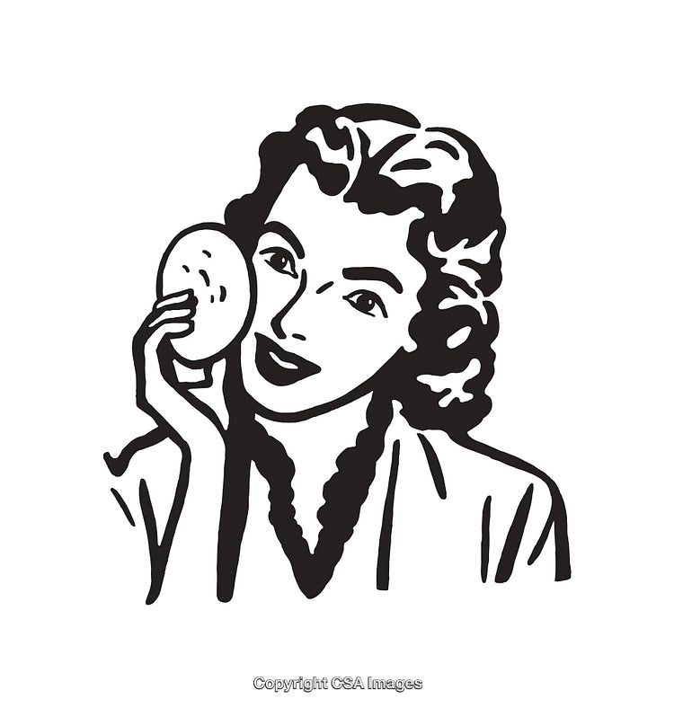 Retro Black and White Illustration of a Woman Holding a Face Powder Compact