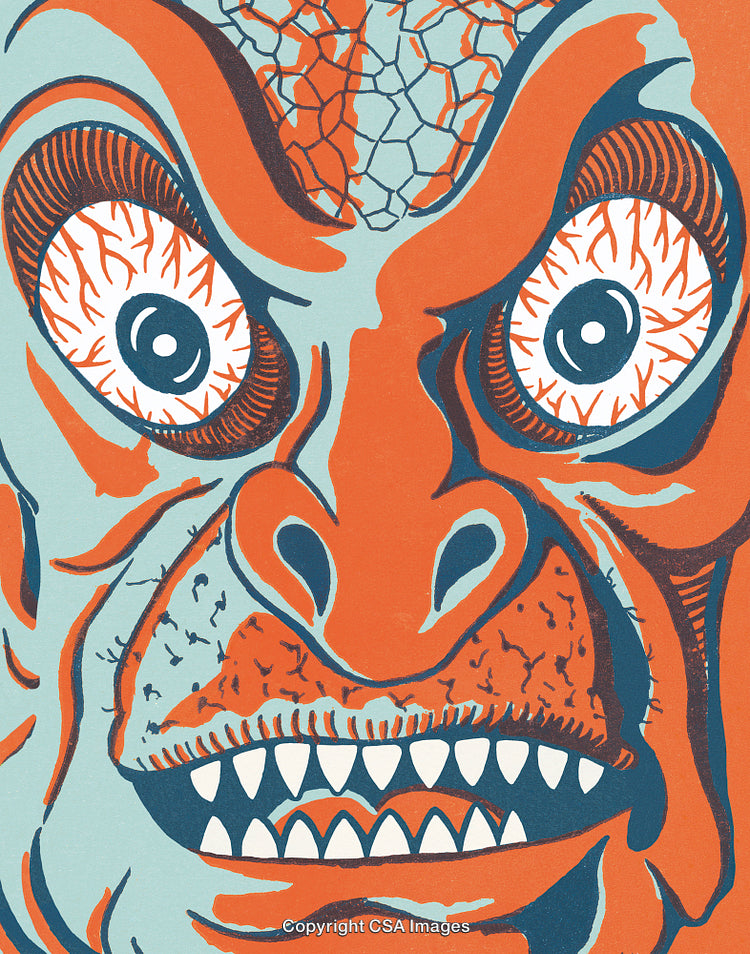 Detailed Bold Graphic of a Fierce Orange Mythical Creature Close-Up