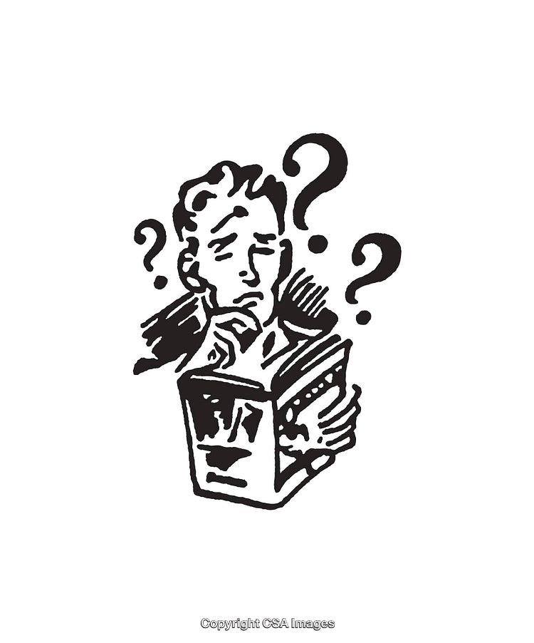 Illustration of a Confused Person Reading a Book with Question Marks
