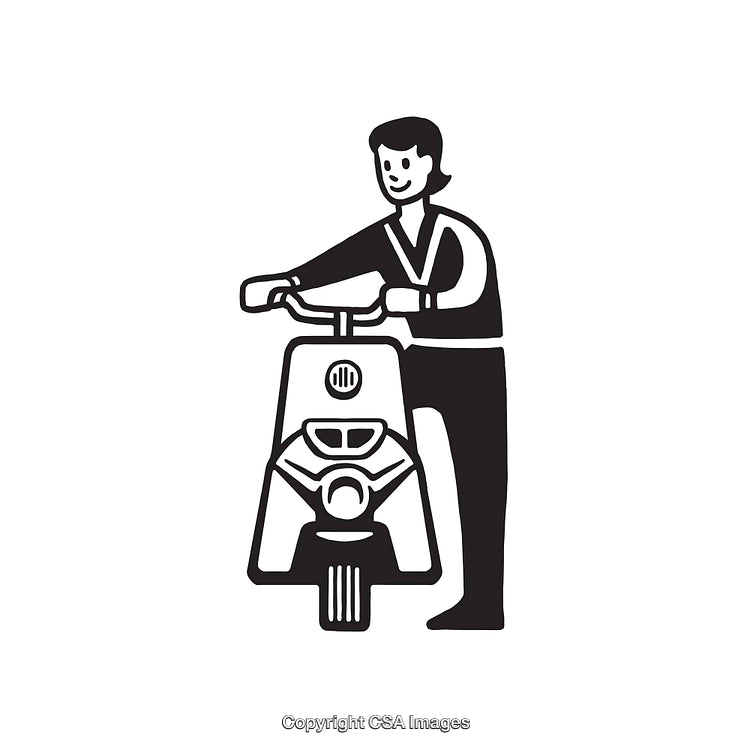 Black and White Line Art of a Person with a Scooter