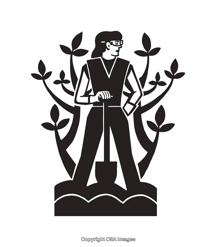 Gardener Tending Plants in Stylized Black and White Line Art
