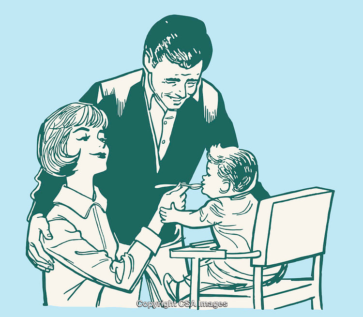 Vintage Illustration of a Family Feeding a Young Child in High Chair