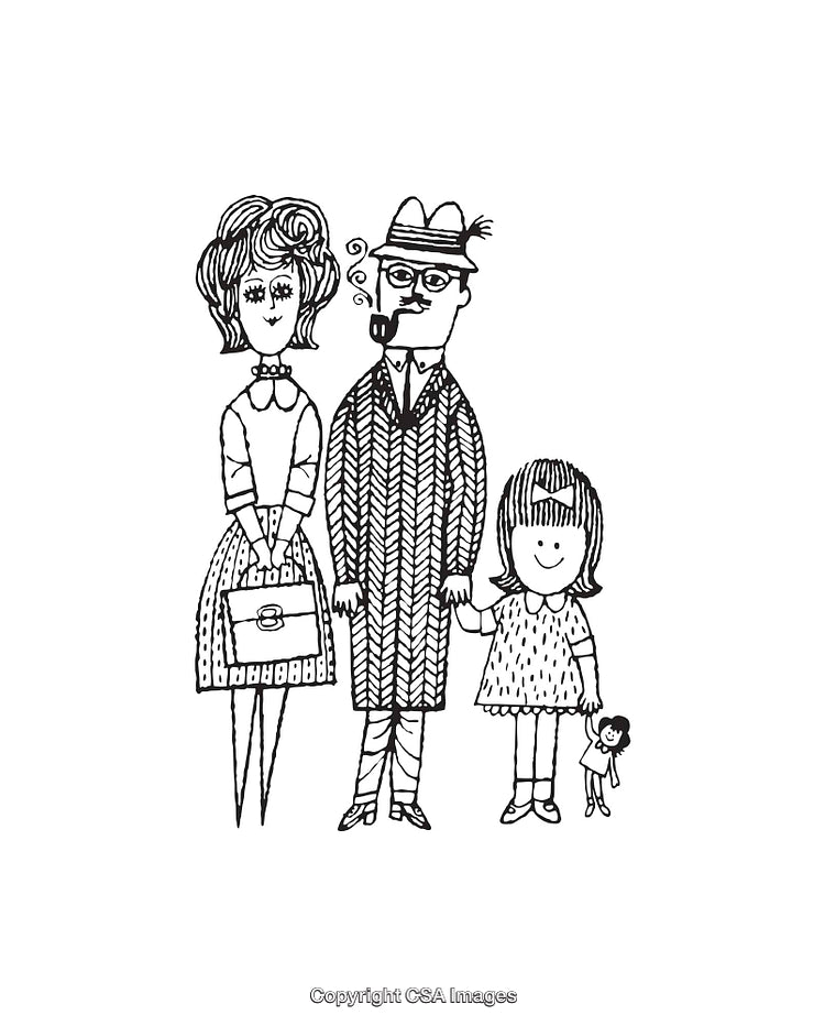 Hand-Drawn Black and White Line Art Illustration of a Quirky Happy Family