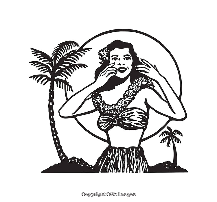 Vintage Black and White Hawaiian Hula Dancer Illustration with Palm Trees