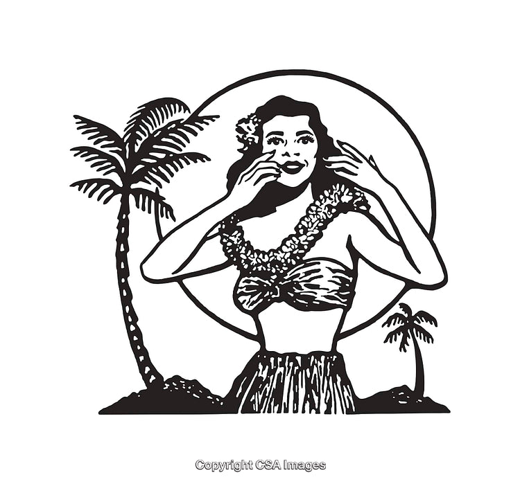 Vintage Black and White Hawaiian Hula Dancer Illustration with Palm Trees