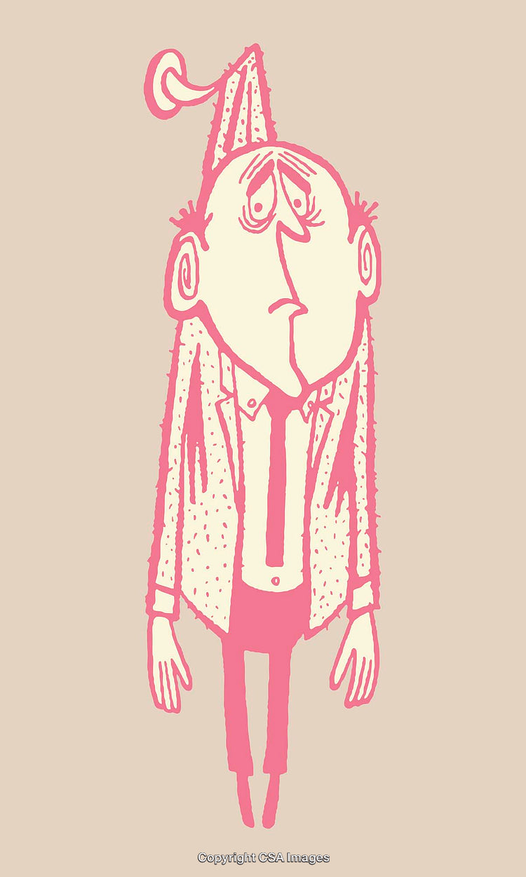 Illustration of a Sad Character in Cartoon Style Wearing a Party Hat
