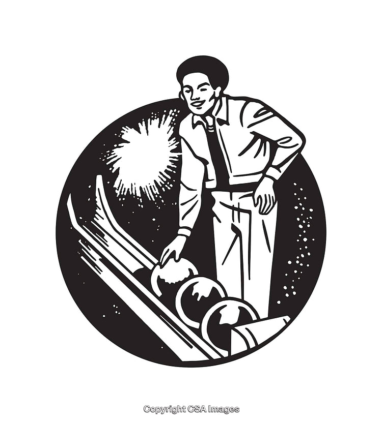 Retro Black and White Line Art of a Man Holding Bowling Balls