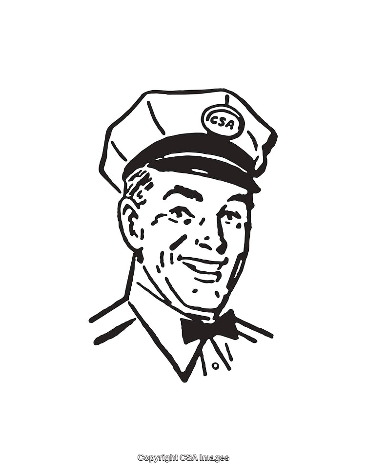 Retro Black and White Line Drawing of a Smiling Uniformed Man
