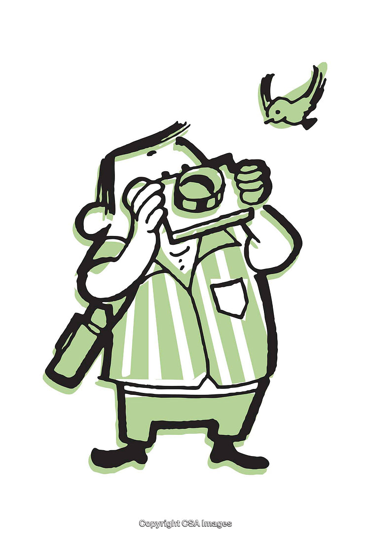 Cartoon Photographer Snapping Picture with Bird Flying Nearby