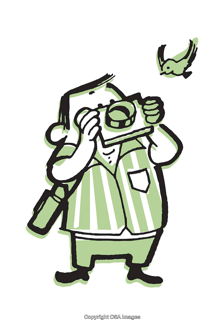 Cartoon Photographer Snapping Picture with Bird Flying Nearby