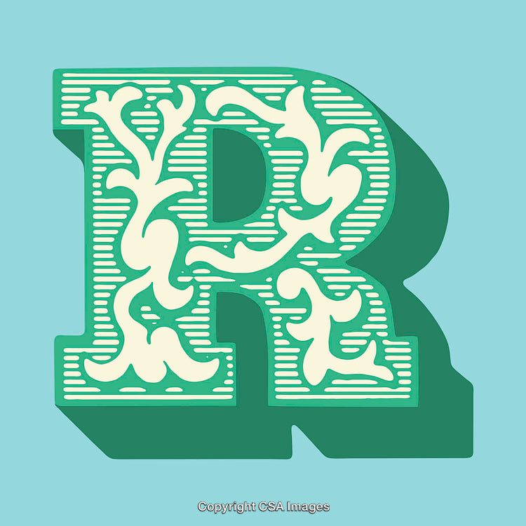 Green Ornamental Letter R in Vintage Floral Design on Blue Background