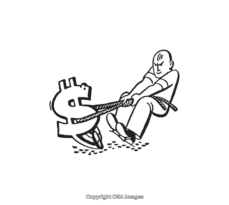 Illustration of Man Struggling to Pull Dollar Sign Symbol with Rope