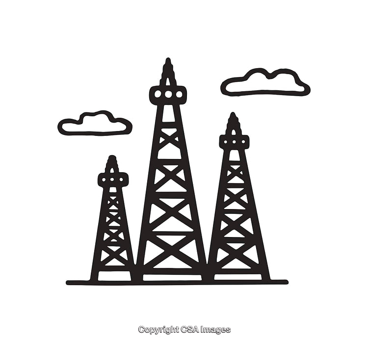 Black and White Illustration of Oil Drilling Rigs with Clouds