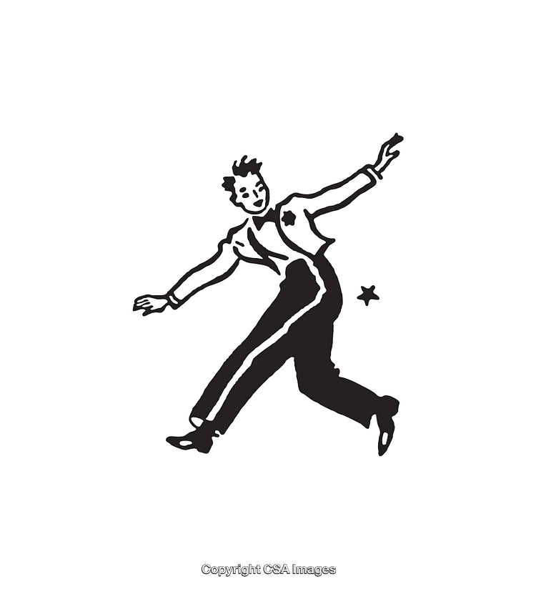 Black and White Line Art of a Retro Dancing Figure in Motion