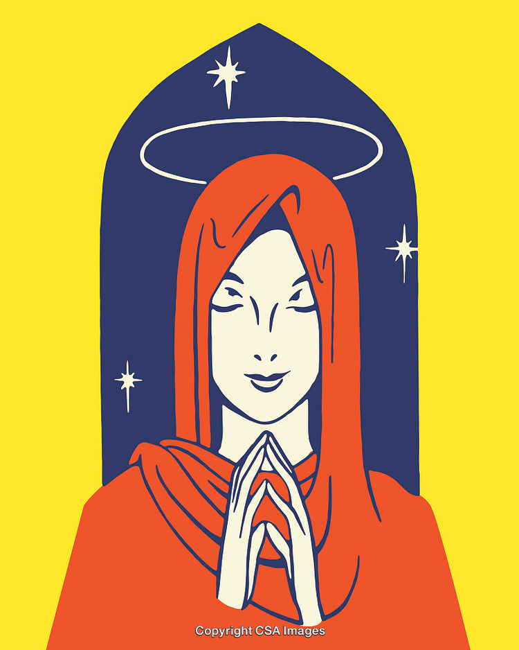 Color Illustration of a Praying Woman with Halo and Stars