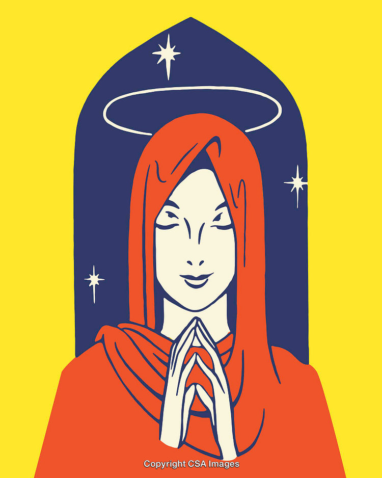 Color Illustration of a Praying Woman with Halo and Stars