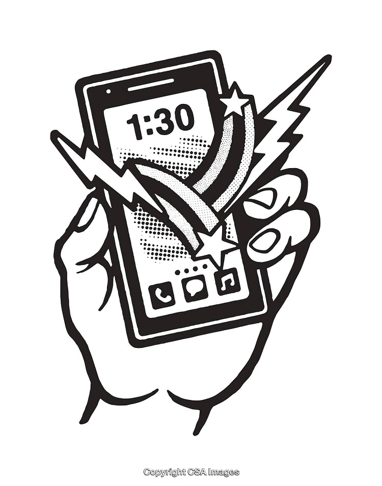 Black and White Line Art of a Smartphone With Energetic Lightning Waves