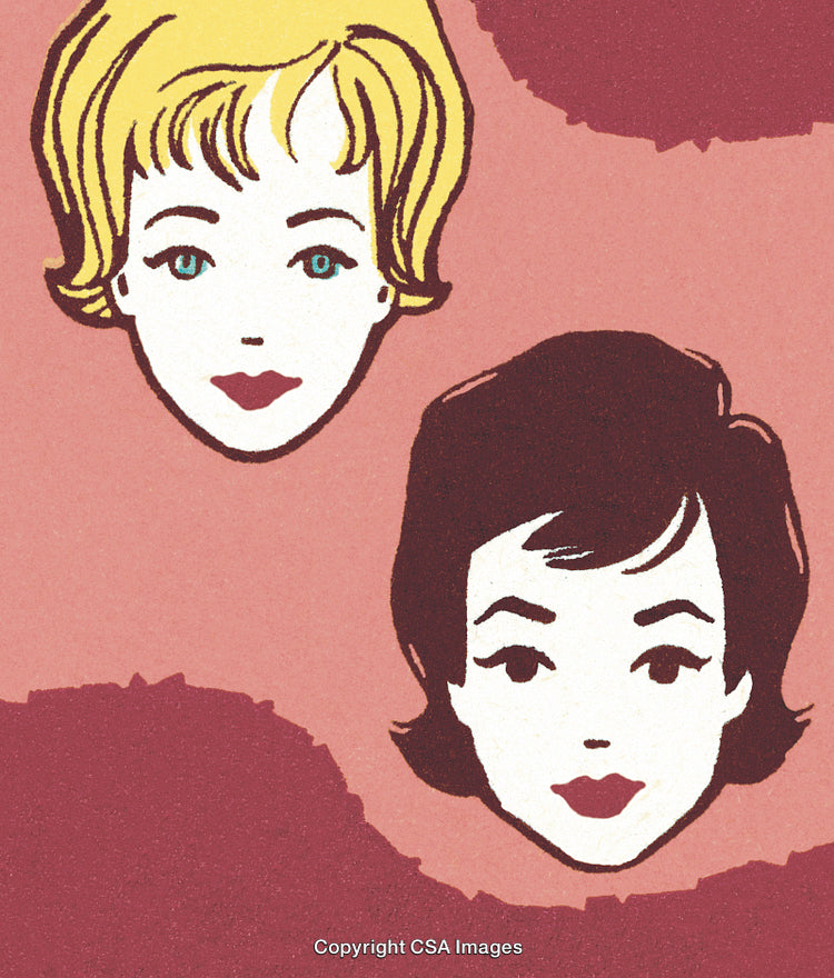 Vintage Illustration of Two Women with Different Hair Colors on Retro Background