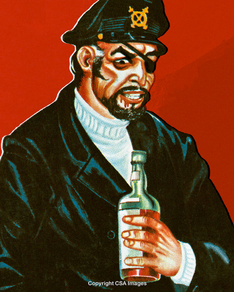 Illustration of a Seafarer Holding a Bottle with a Dramatic Expression