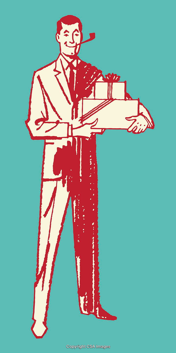 Retro Style Illustration of a Man Holding Gift Boxes