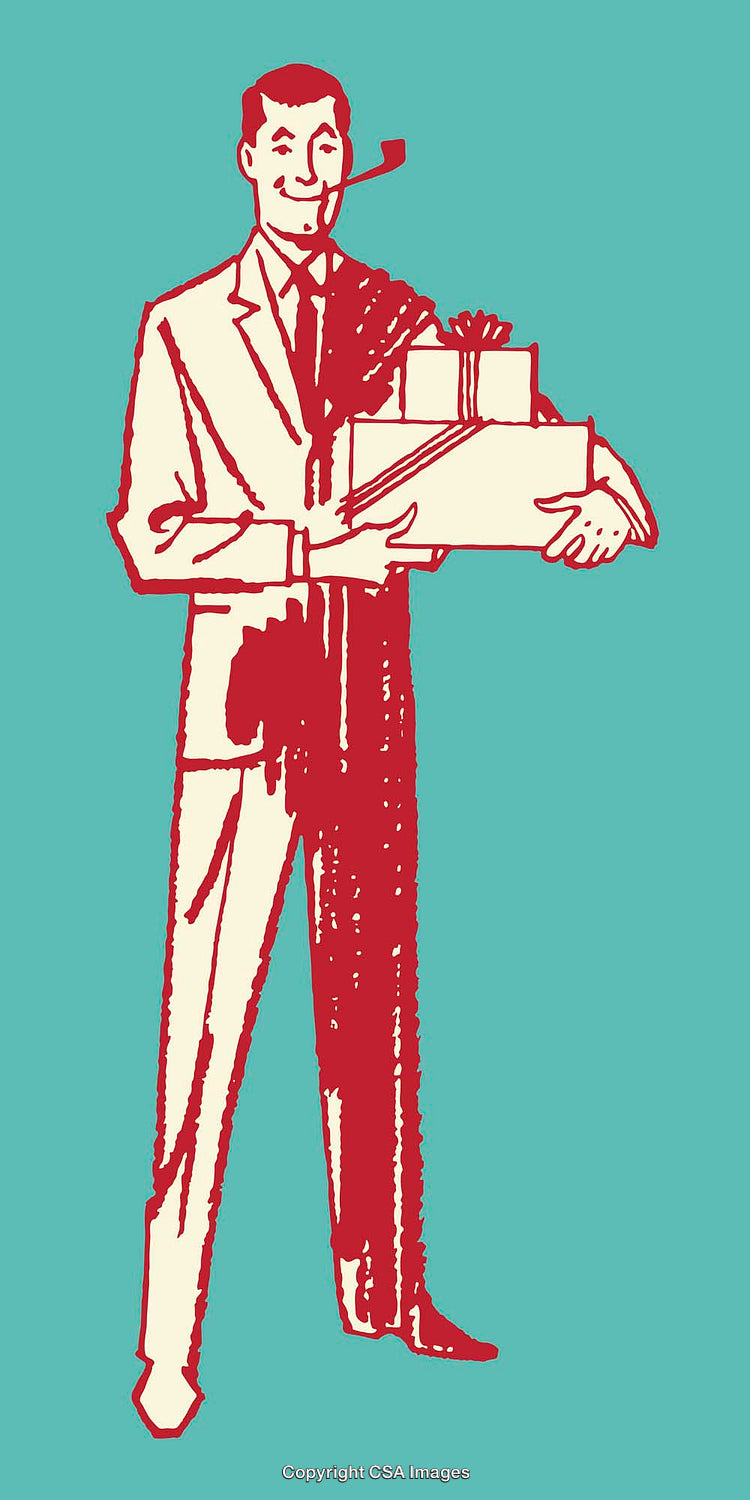 Retro Style Illustration of a Man Holding Gift Boxes