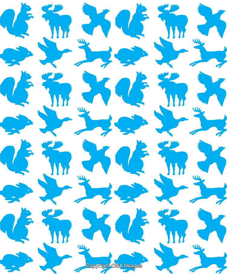 Blue Silhouette Animal Motifs on a White Background in Repeating Pattern