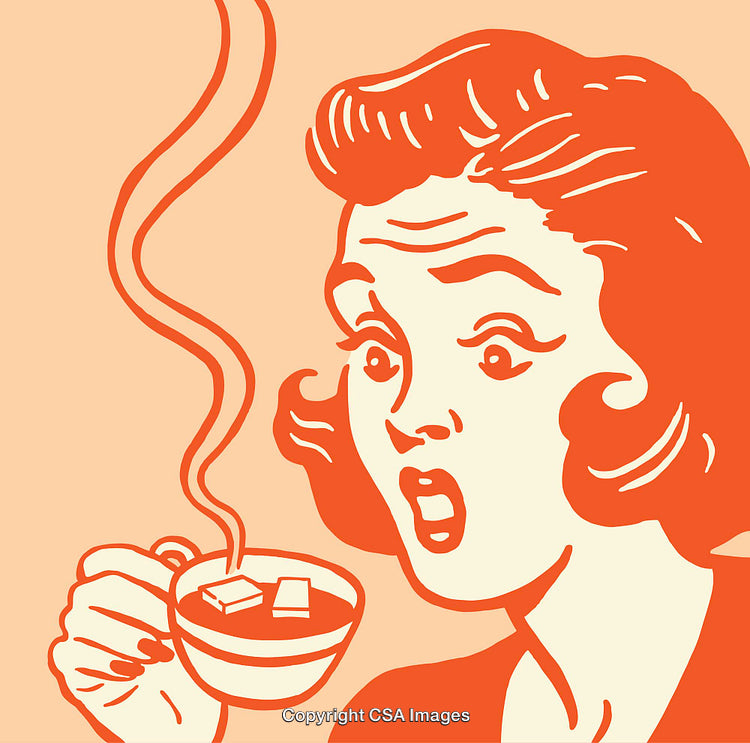 Vintage Pop Art Illustration of Surprised Woman Holding a Cup of Tea