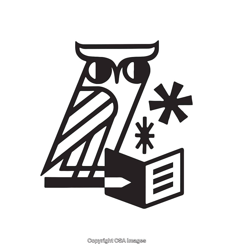 Stylized Owl with Book and Geometric Decorations in Black Line Art