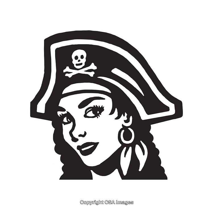 Black and White Line Art Illustration of a Female Pirate Head Portrait