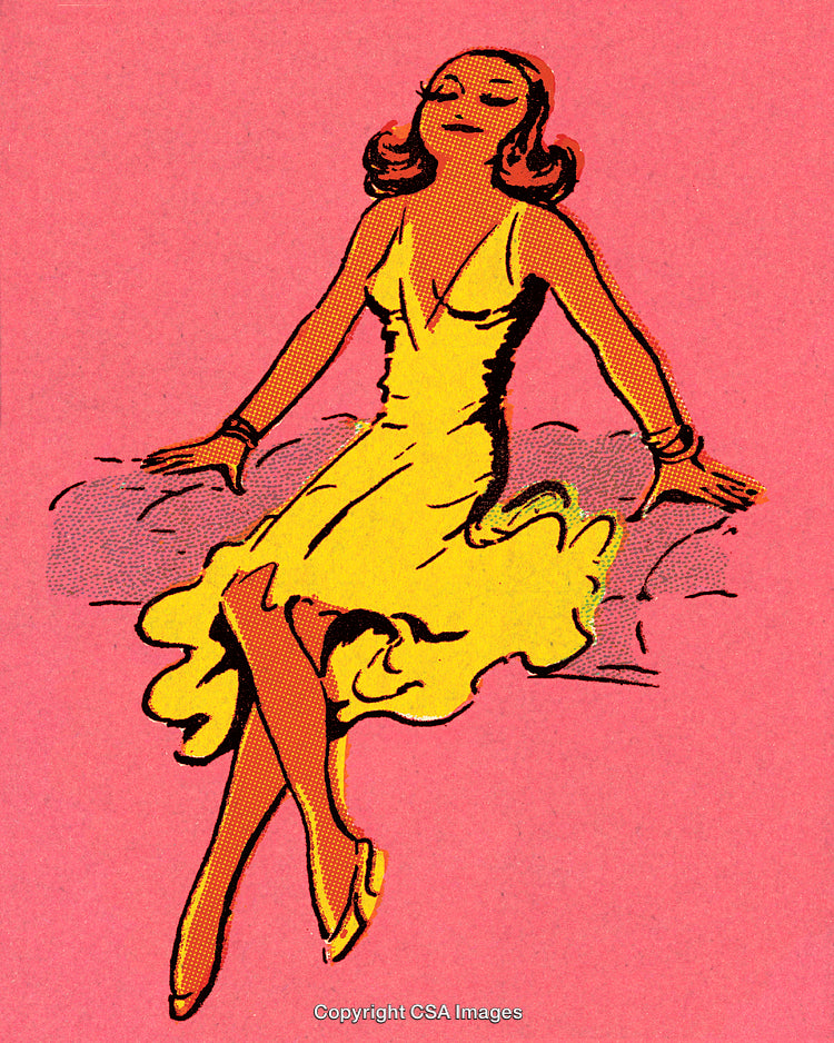 Retro Illustration of Elegant Woman in Yellow Dress Against Pink Background