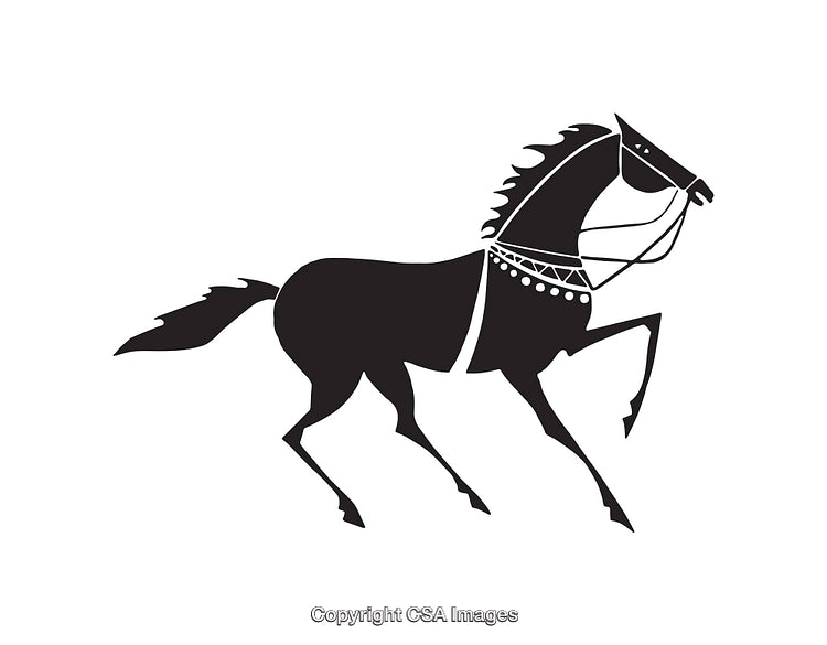 Silhouetted Artwork of a Prancing Horse in Decorative Harness