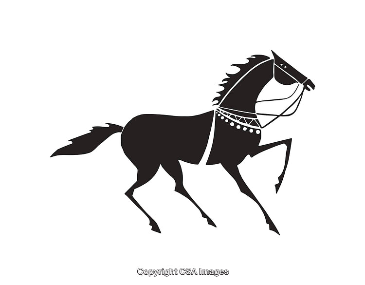 Silhouetted Artwork of a Prancing Horse in Decorative Harness