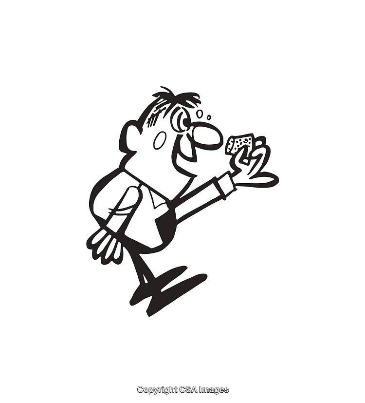 Cartoon Illustration of a Man Holding a Small Object with Enthusiasm