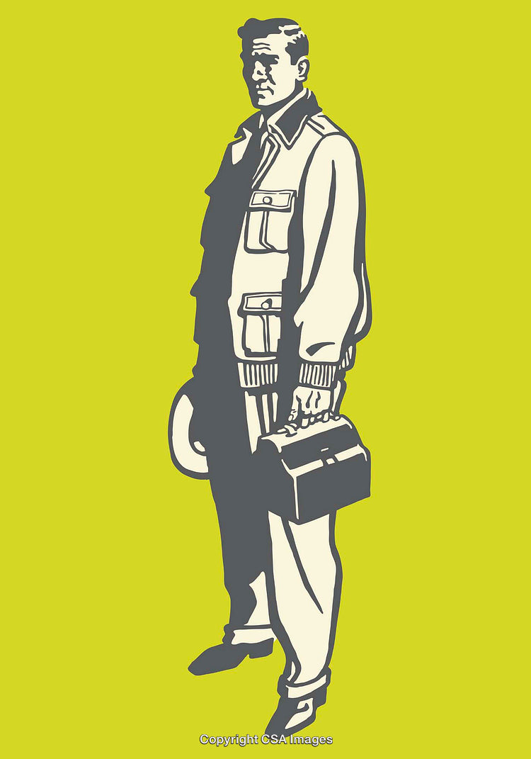 Retro Style Illustration of a Worker Holding a Toolbox on Green Background