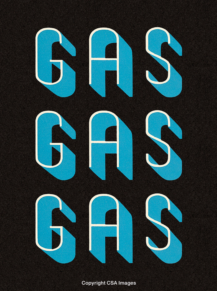Retro Styled Blue Gas Station Text Typography with Long Shadows on Black Background